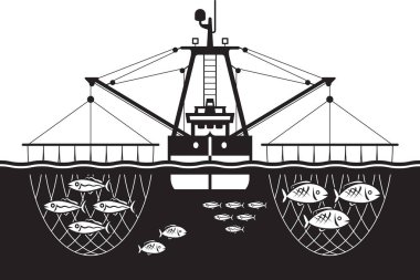 Trol gemisi catch balıklar deniz - vektör çizim