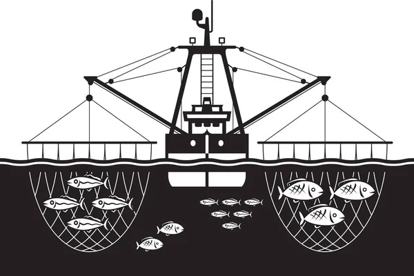 Trol gemisi catch balıklar deniz - vektör çizim
