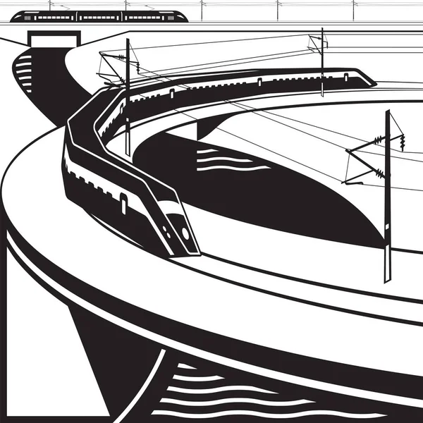 Ταχύπλοα Επιβατηγά Τρένα Περνούν Γέφυρα Ποταμού Εικονογράφηση Διάνυσμα — Διανυσματικό Αρχείο
