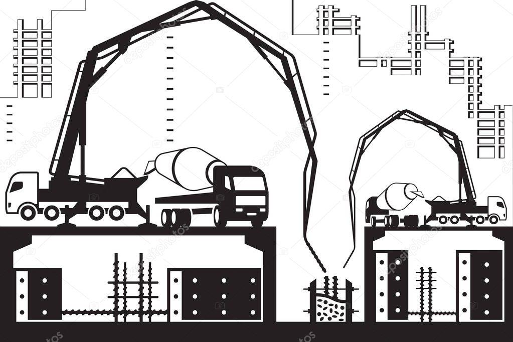 Concrete pump trucks on construction site - vector illustration
