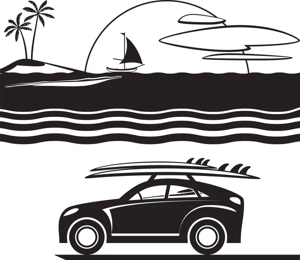 Voiture Avec Planches Surf Sur Plage Illustration Vectorielle — Image vectorielle