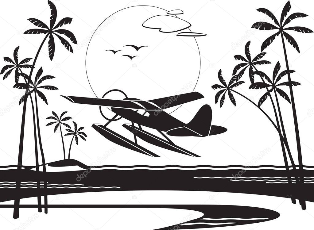Seaplane taking off from an island in the ocean - vector illustration