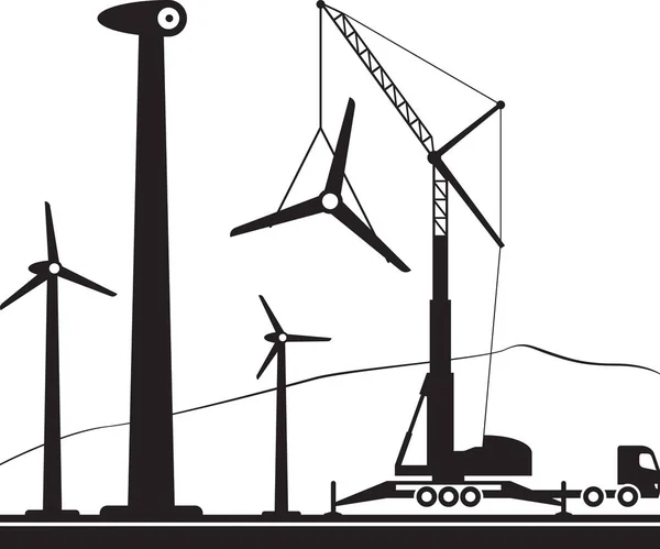 Mobiele Kraan Installeren Windturbine Het Veld Vectorillustratie — Stockvector