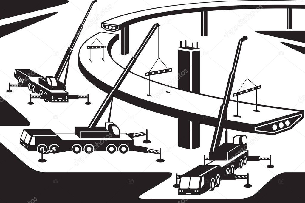 Mobile cranes installing part of a bridge - vector illustration