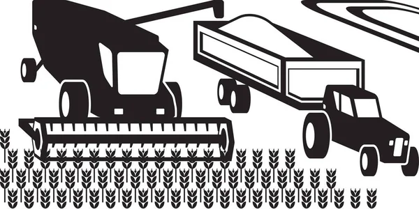 Combiner Moissonneuse Batteuse Tracteur Sur Terrain Illustration Vectorielle — Image vectorielle