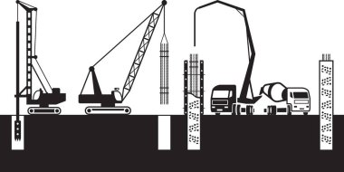 Construction machinery make foundations of a building - vector illustration clipart