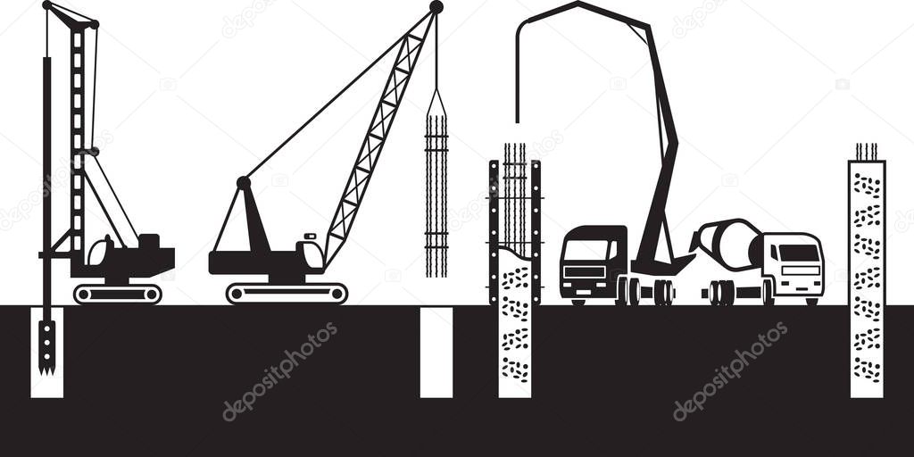 Construction machinery make foundations of a building - vector illustration