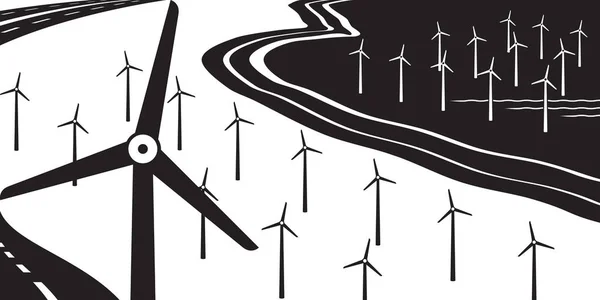 Windturbines Vector Land Zee Illustratie — Stockvector