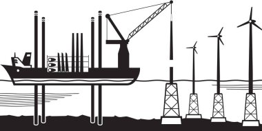 Installation vessel build wind farm in the sea - vector illustration clipart