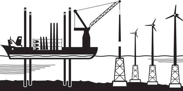 Installation Vessel Build Wind Farm Sea Vector Illustration — Stock Vector