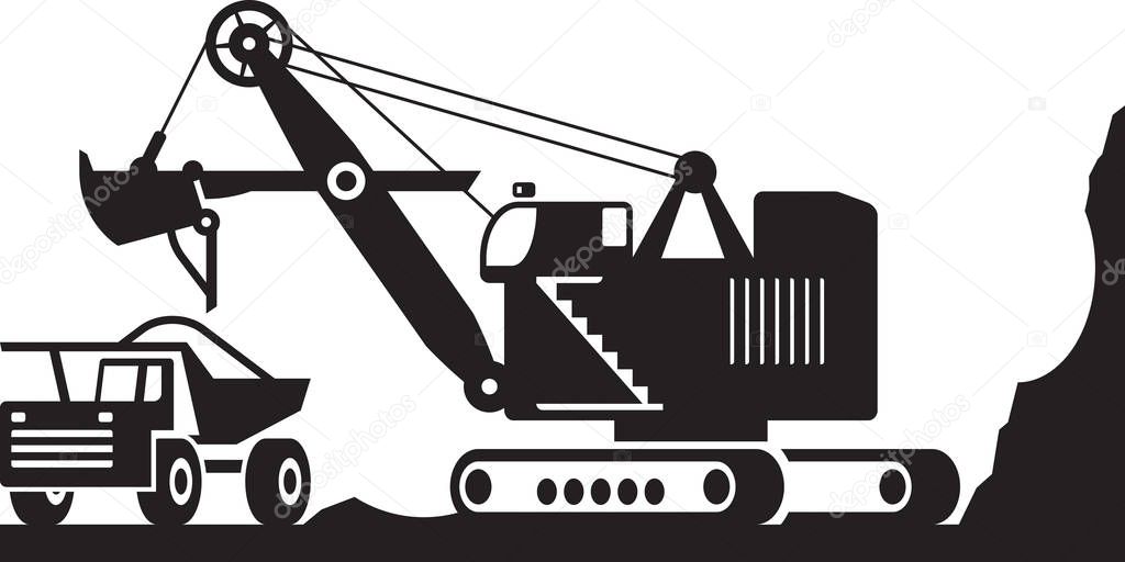 Excavator loading  heavy duty truck with ore - vector illustration