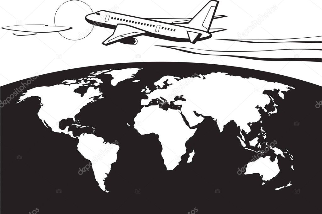 Passenger airplane flying around the world - vector illustration