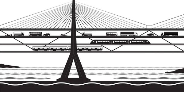 Jembatan Transportasi Multifungsi Menyeberangi Sungai Ilustrasi Vektor - Stok Vektor