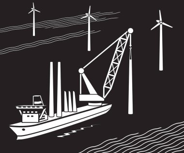 Crane ship buildIng wind farm in the sea - vector illustration clipart