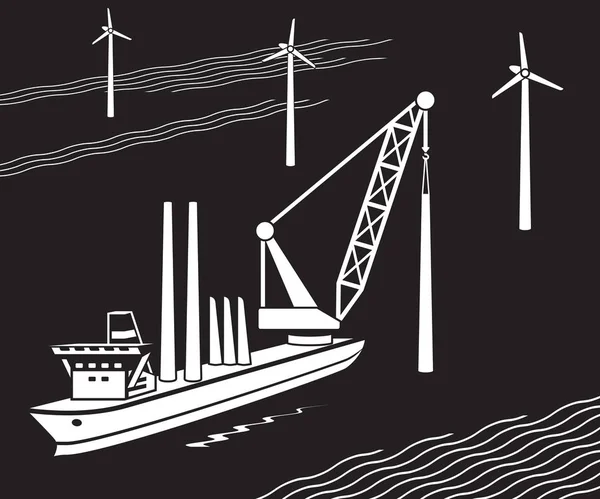 Kranschiff Baut Windpark Meer Vektorillustration — Stockvektor