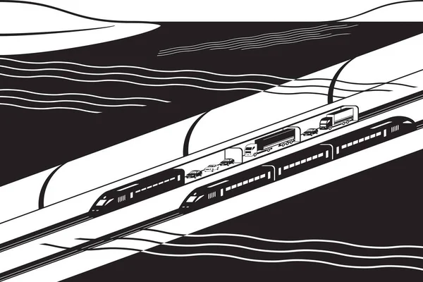 Onderwater Spoorwegtunnel Met Vracht Passagierstreinen Vector Illustratie — Stockvector