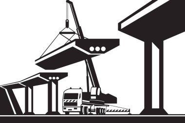 Bir köprünün mobil vinç kaldırma parçası - vektör illüstrasyon