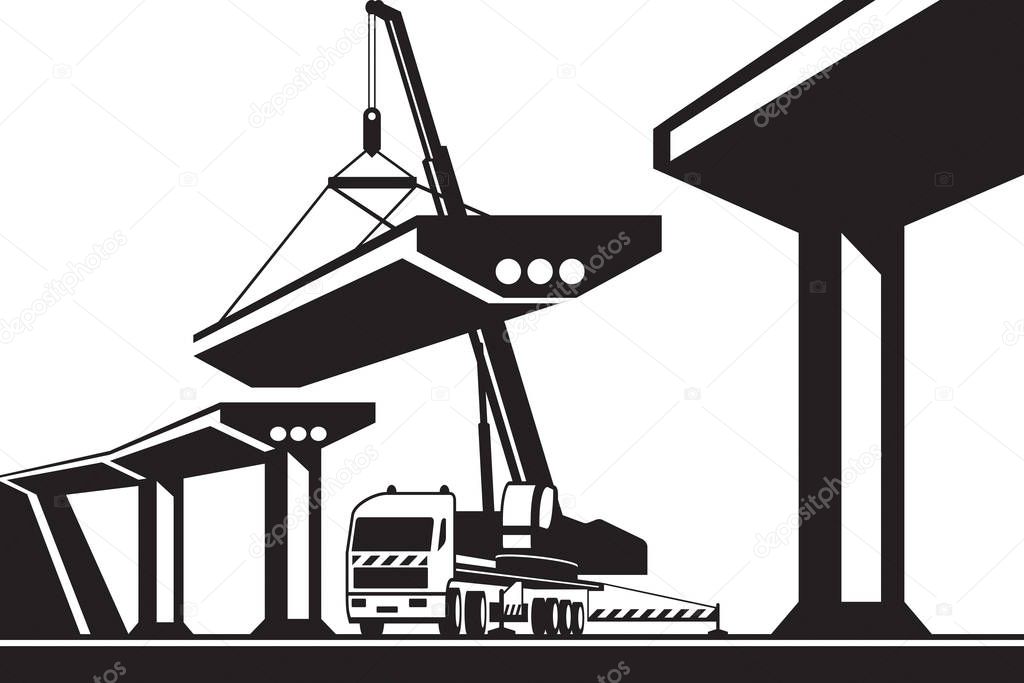 Mobile crane lifting part of a bridge - vector illustration