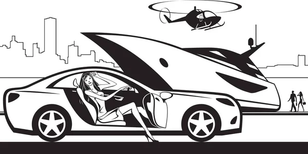 Geschäftsfrau Fährt Mit Dem Auto Treffen Auf Jacht Vektor Illustration — Stockvektor