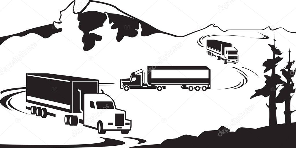 Trucks with goods cross the mountain in winter - vector illustration