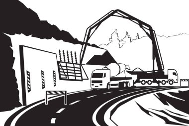 Dağda yolda istinat duvarı nın inşası - vektör çizimi