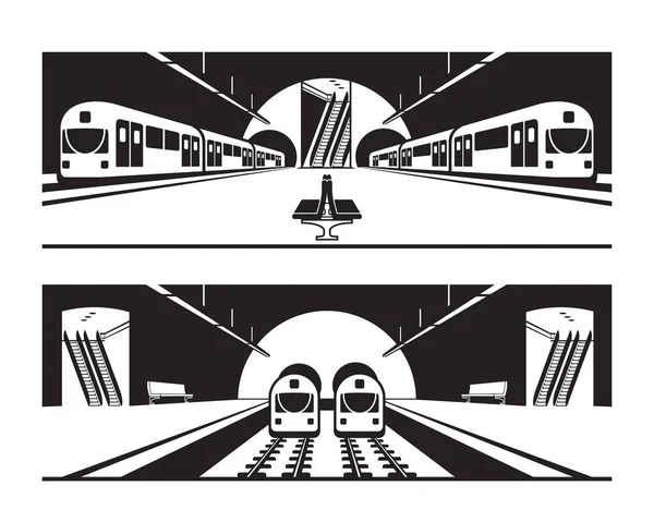 Diverse Stazioni Della Metropolitana Con Treni Illustrazione Vettoriale — Vettoriale Stock