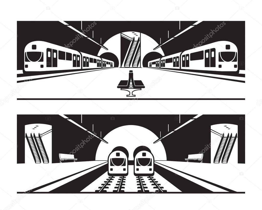 Different subway stations with trains - vector illustration
