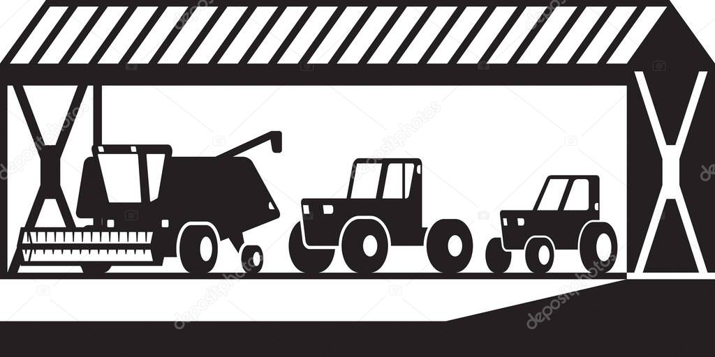 Farm building with agricultural machinery - vector illustration