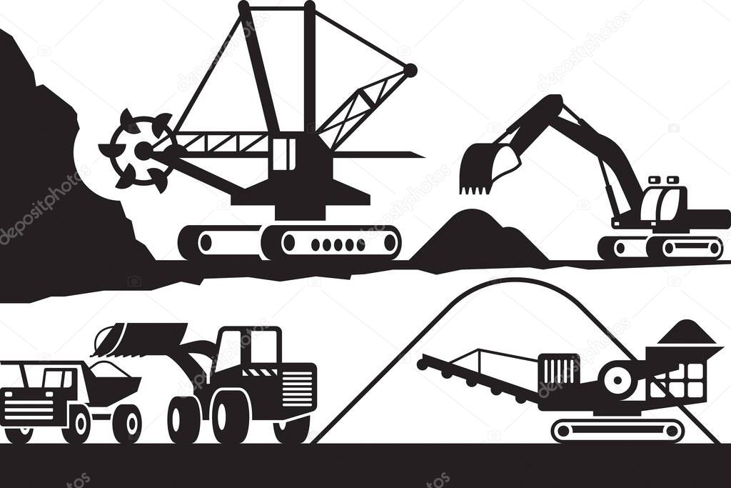 Extraction and processing of ore from open pit - vector illustration