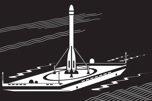 Lanzamiento Del Cohete Espacial Desde Ilustración Vectorial Plataforma Marítima — Vector de stock