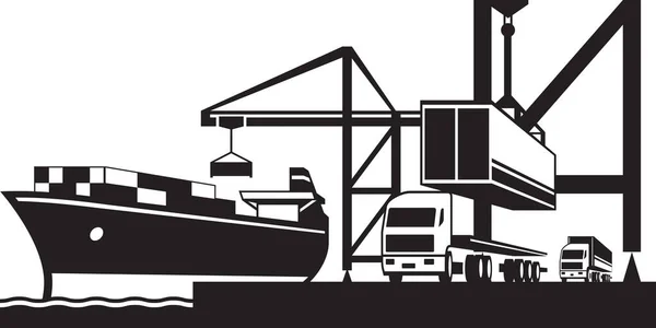 Kraanschepen Laden Van Industriële Schepen Met Vracht Containers Vector Illustratie — Stockvector