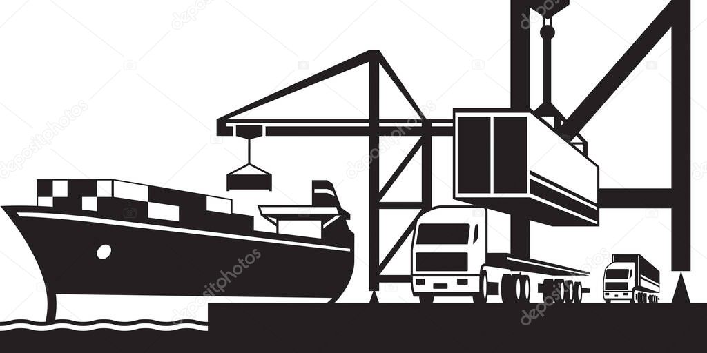 Crane loading industrial ships with cargo containers  vector illustration