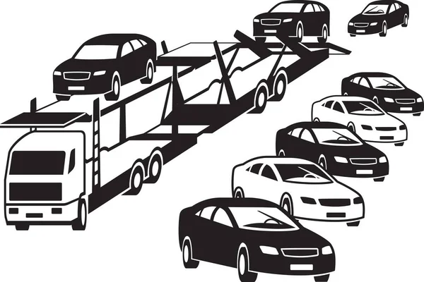 Truck Unloads Car Dealership Vector Illustration — Stock Vector
