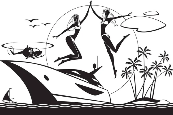 Dos Chicas Saltando Mar Desde Una Ilustración Vectorial Yates — Archivo Imágenes Vectoriales