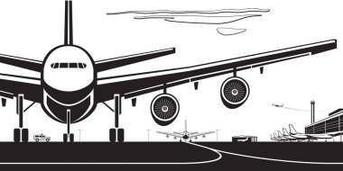 Uçak vektör illüstrasyonunun motorlarından havaalanına bak