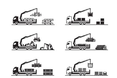 Farklı malzeme vektör illüstrasyonlu kamyon monte edilmiş vinç