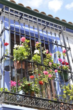Cordoba, Endülüs, İspanya eski kasaba bir pencerede dekorasyon kil tencere renkli çiçekler.