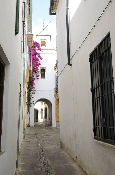 Tower and arches in lovely alley in the old center of Cordoba, Andalusia, Spain.