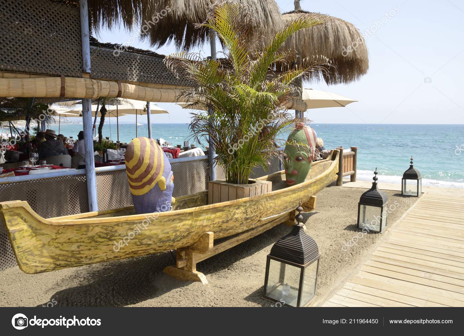 Marbella Spain August 2018 Decorative Ethnic Figures Wooden Canoe