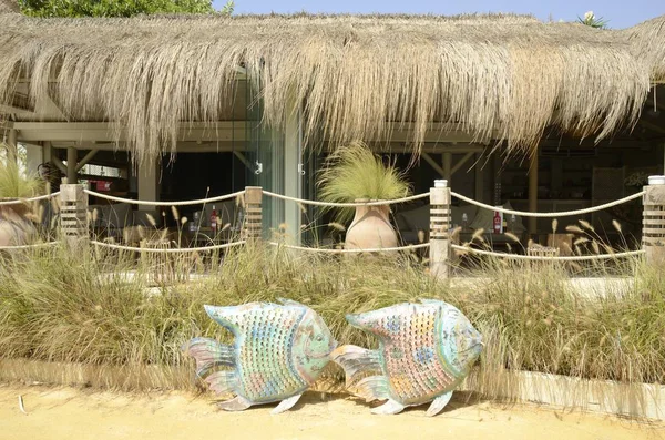 Marbella, İspanya - 31 Ağustos 2018: Dekoratif balıklar restoranda Marbella, Endülüs, İspanya Sahil alanının dışında.