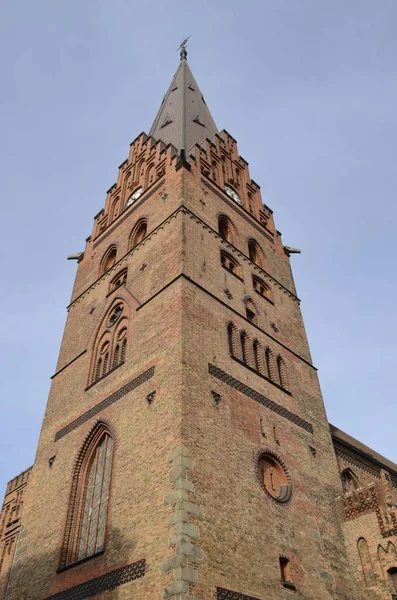 Věž Cihly Gotický Kostel Svatého Petra Malmö Švédsko — Stock fotografie