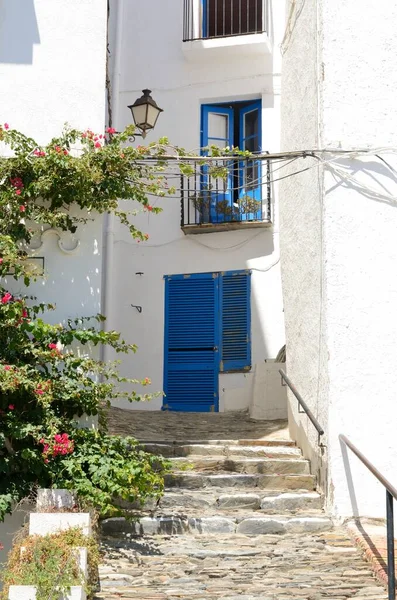 Escaliers Maison Blanche Avec Volets Bleus Dans Allée Cadaques Gérone — Photo