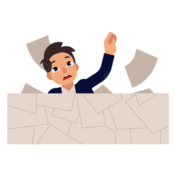 Young businessman drowns in paper work isolated on white background. — Stock Vector