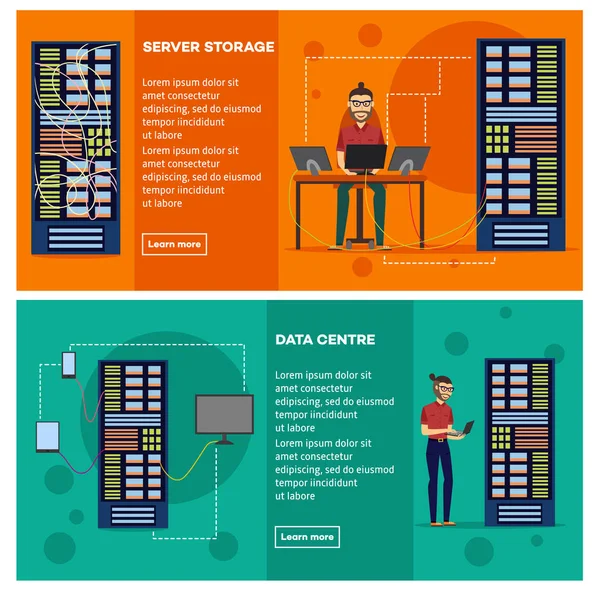 Banner per server con data center e archiviazione server con giovane ingegnere maschio . — Vettoriale Stock