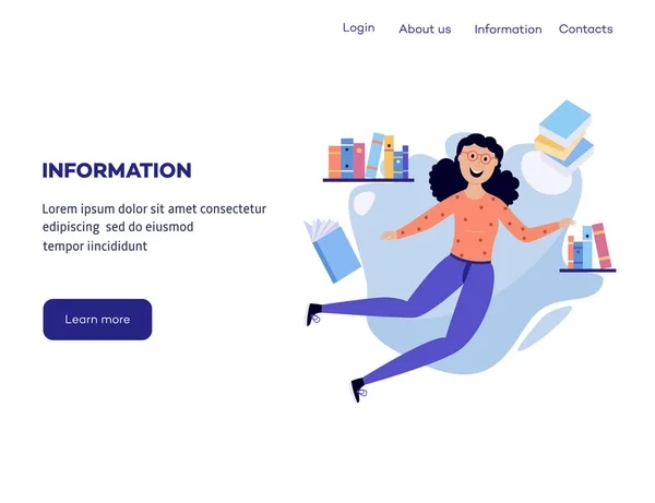Woman in information surroundings - smiling flat cartoon female character flying in environment of books and notepads on web banner template. Isolated vector illustration.