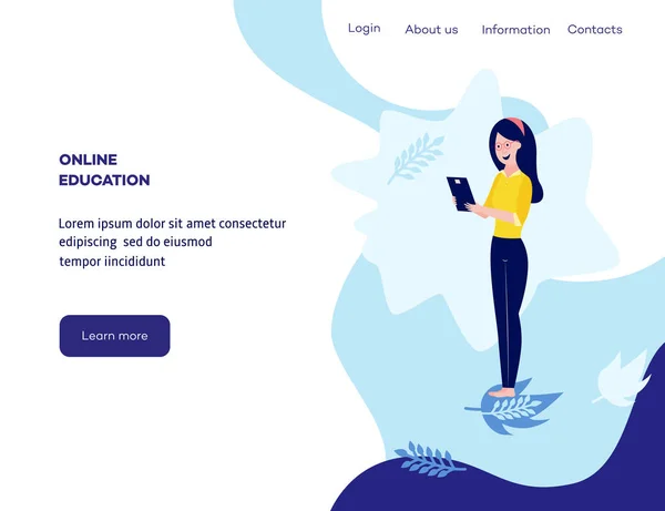 Vector on-line conceito de educação menina estudante — Vetor de Stock