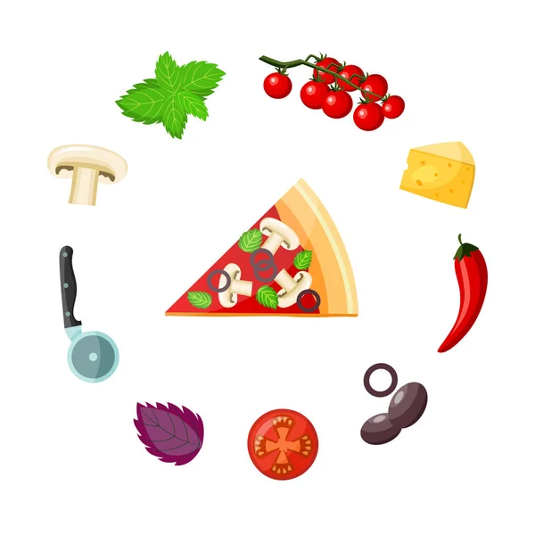 Pizza and ingredients set - colorful piece of ready-to-eat vegetarian pizza with vegetables, cheese and knife. — Stock Vector