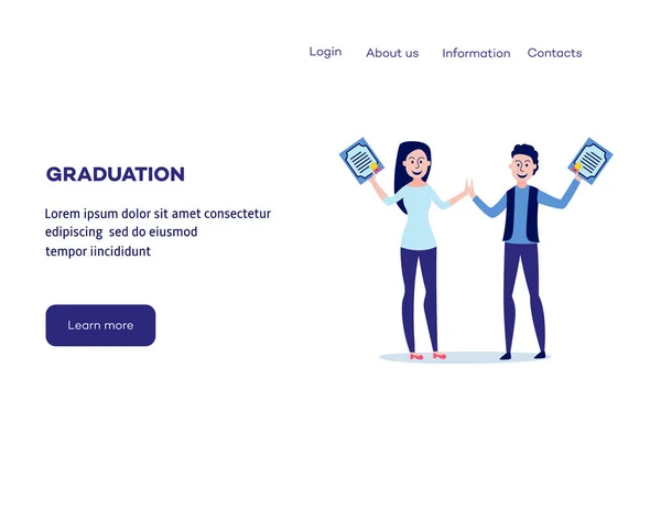 Étudiants diplômés de l'université avec des diplômes entre leurs mains au modèle de page Web . — Image vectorielle