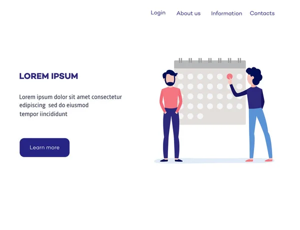 Tempo e termos do conceito de atribuição no modelo de página web - homens marcando data no calendário com cor vermelha . — Vetor de Stock