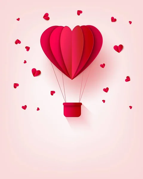 Papel vermelho dobrado balão de ar quente em forma de coração cercado por pequenas formas de coração no fundo pastel . — Vetor de Stock